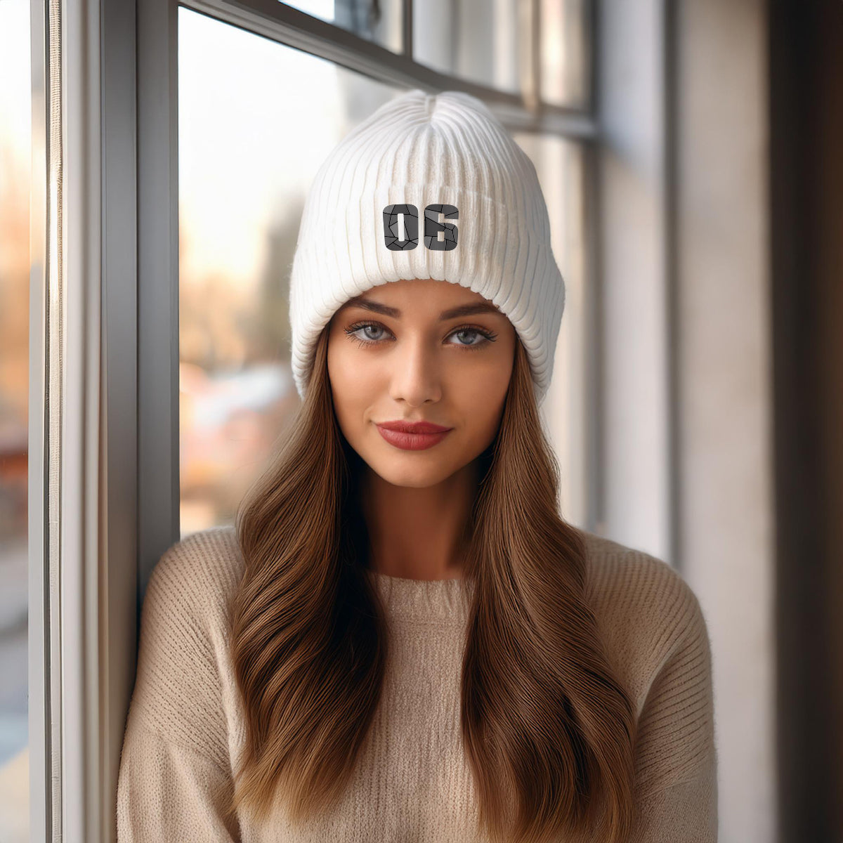 Beanies Plus 06 Number Embroidered Cuffed Beanie Hat | Unisex Winter Knit Cap (White)