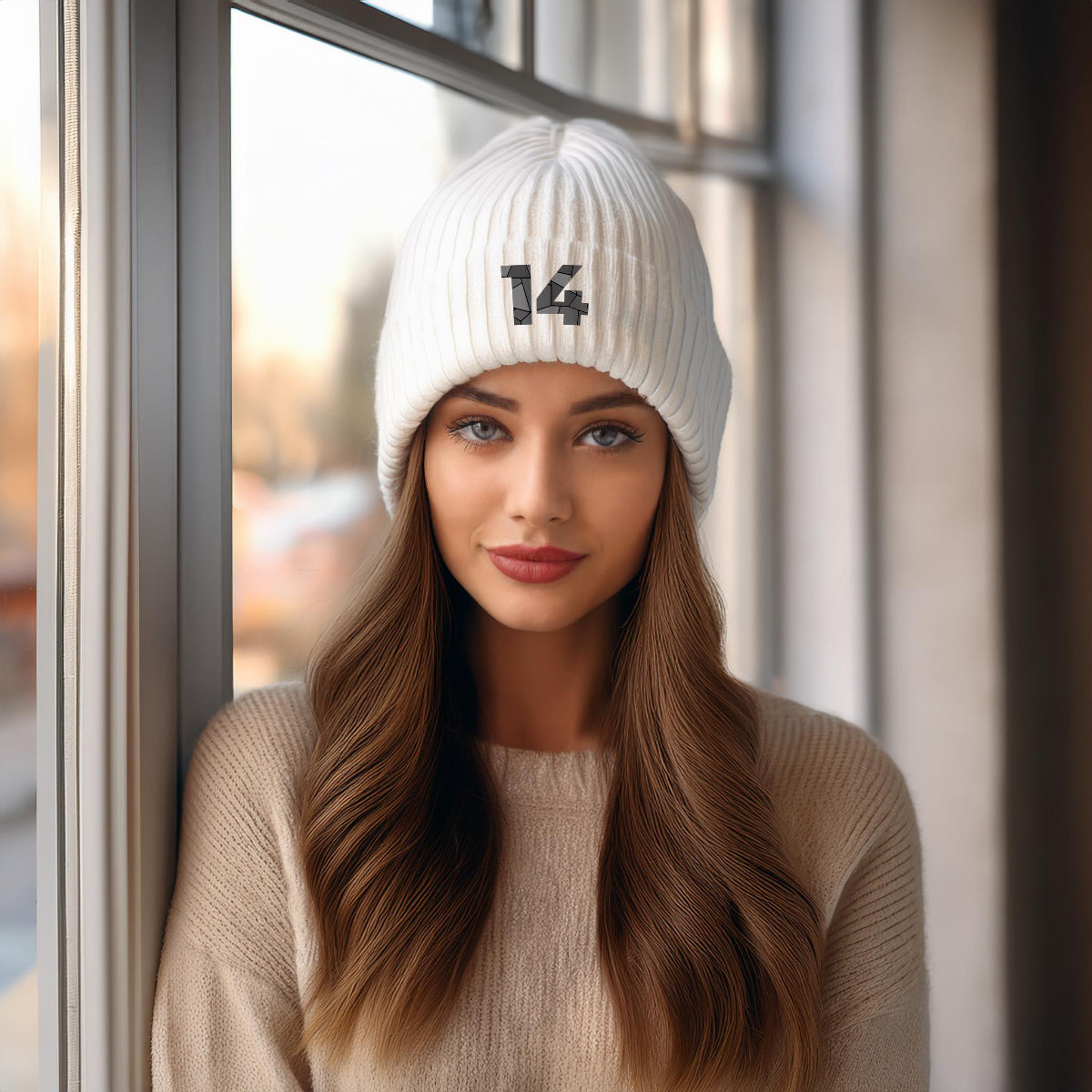 Beanies Plus 14 Number Embroidered Cuffed Beanie Hat | Unisex Winter Knit Cap (White)