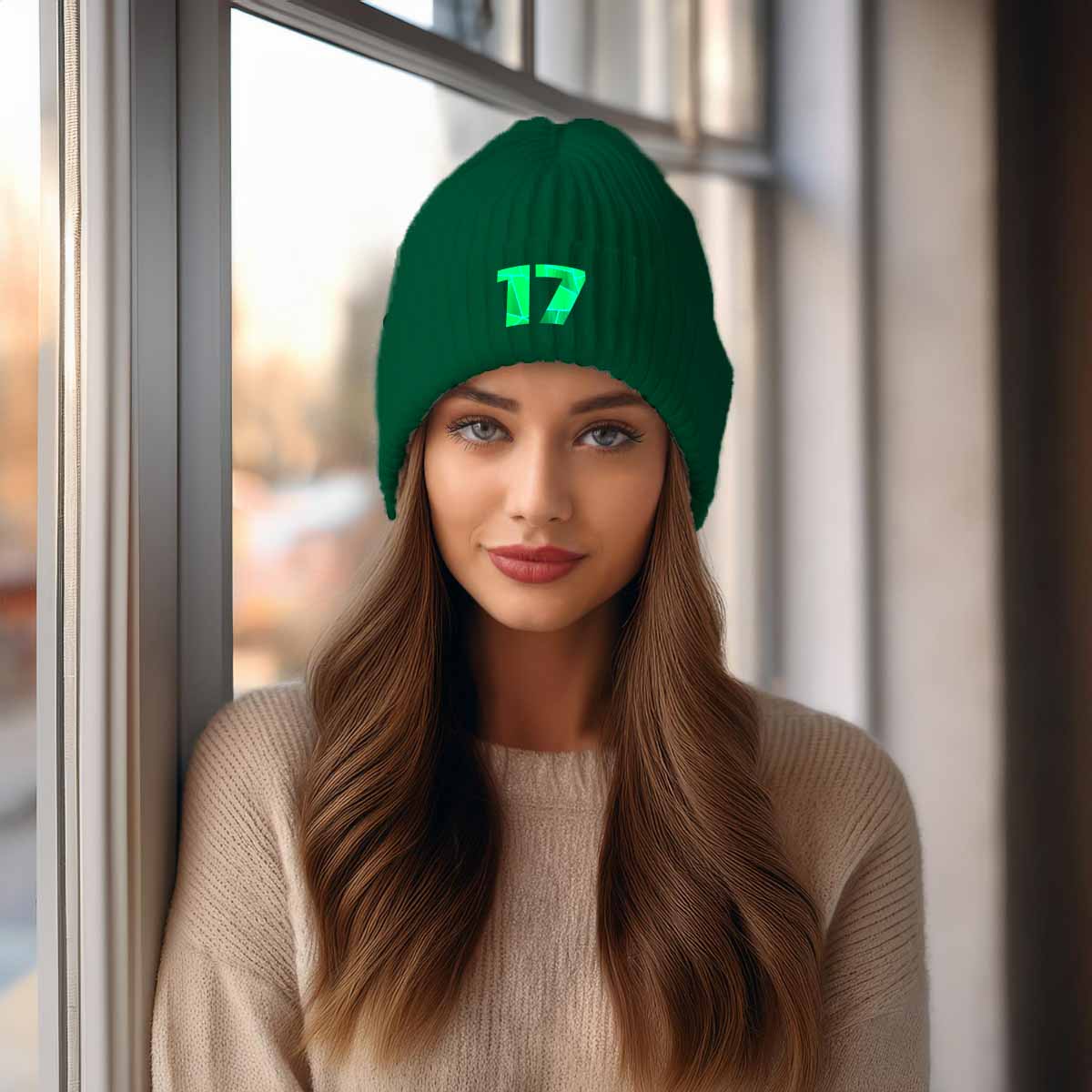 Beanies Plus 17 Number Embroidered Cuffed Beanie Hat | Unisex Winter Knit Cap (Spruce)