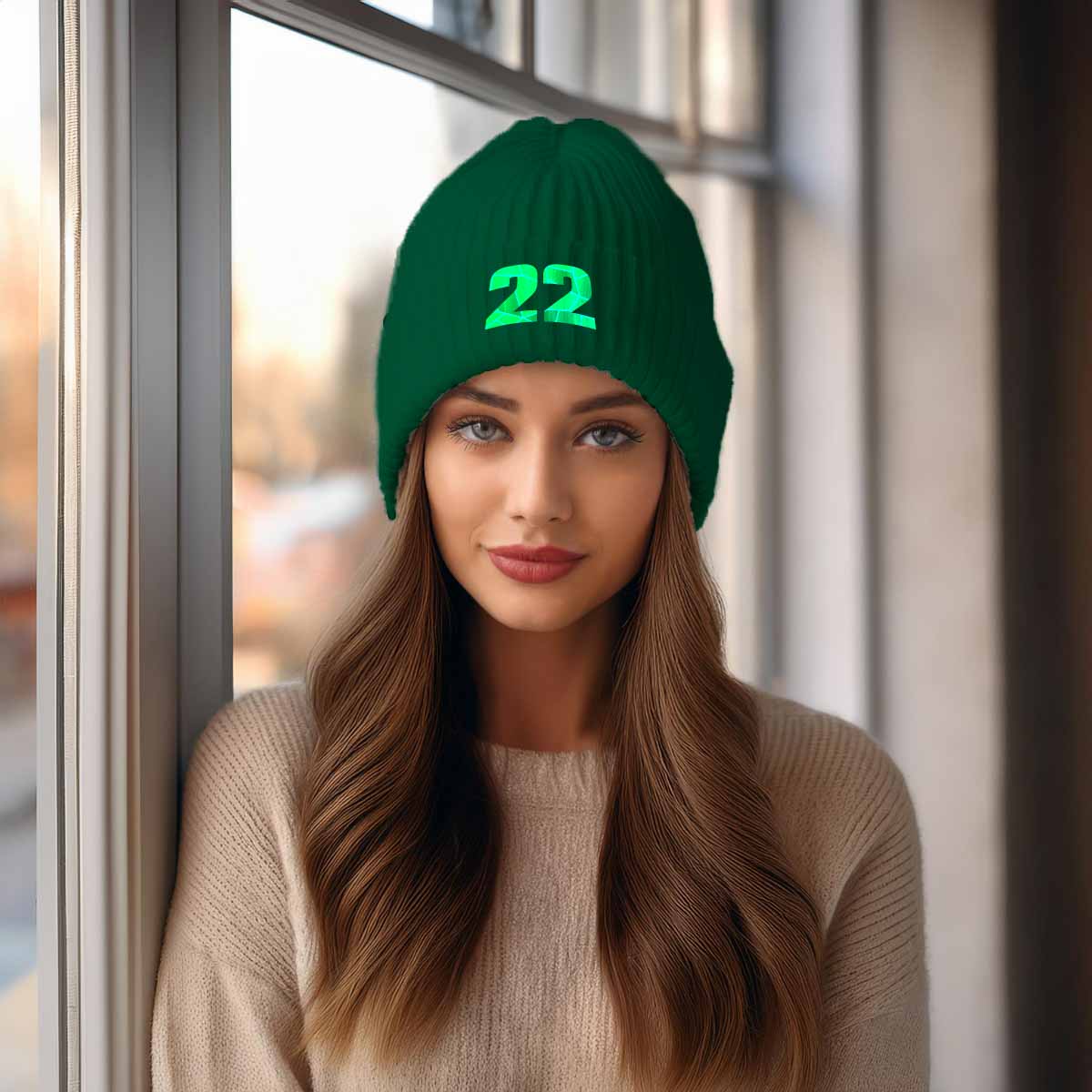 Beanies Plus 22 Number Embroidered Cuffed Beanie Hat | Unisex Winter Knit Cap (Spruce)