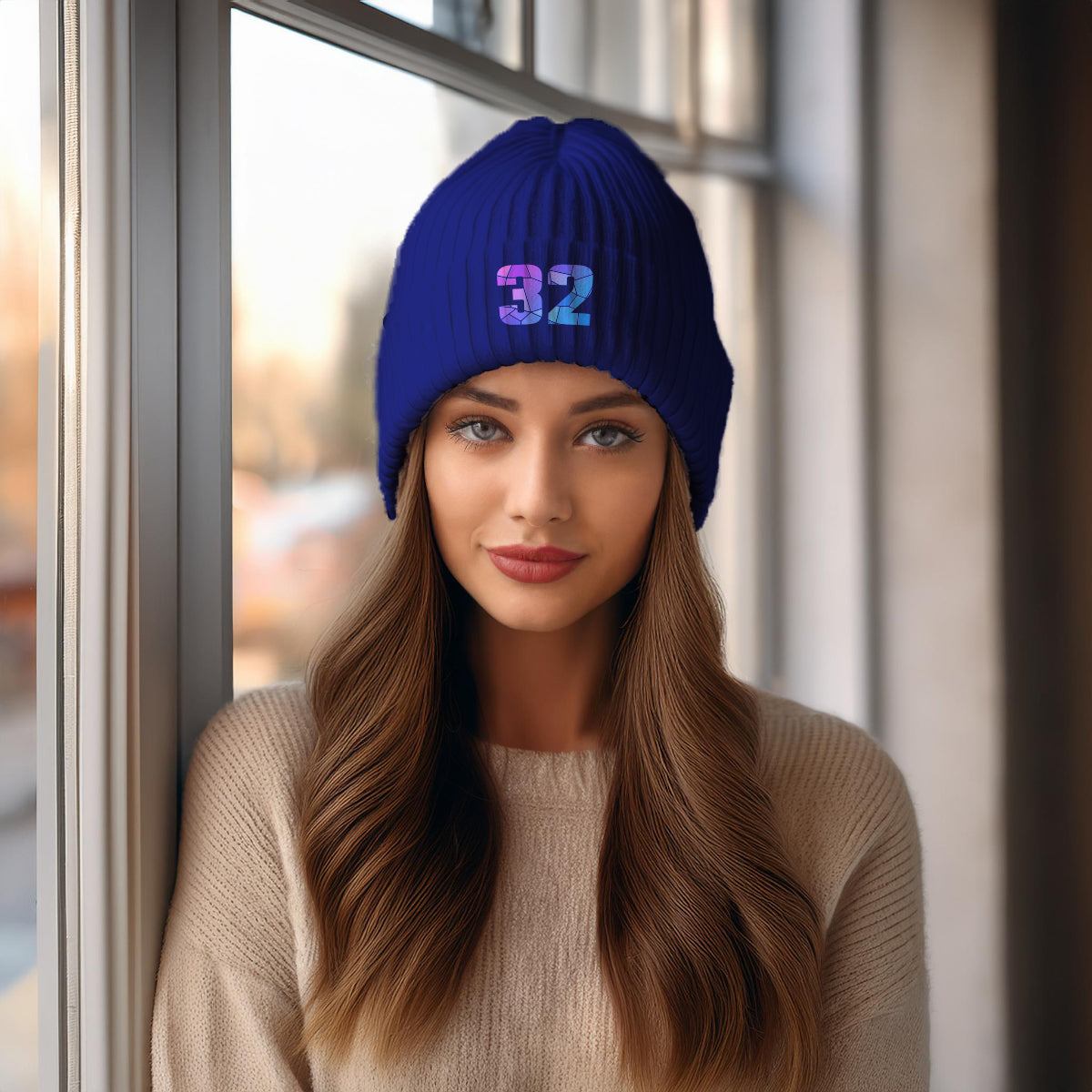 Beanies Plus 32 Number Embroidered Cuffed Beanie Hat | Unisex Winter Knit Cap (Royal)