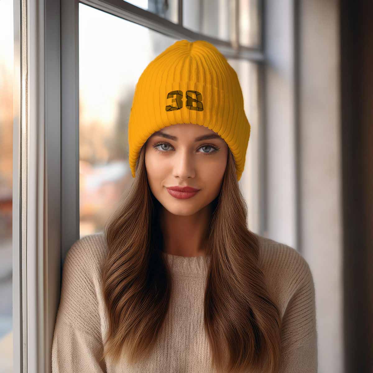 Beanies Plus 38 Number Embroidered Cuffed Beanie Hat | Unisex Winter Knit Cap (Gold)