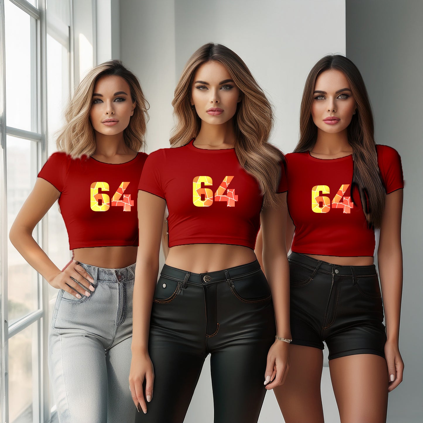 64 Number Women Crop Top (Red)