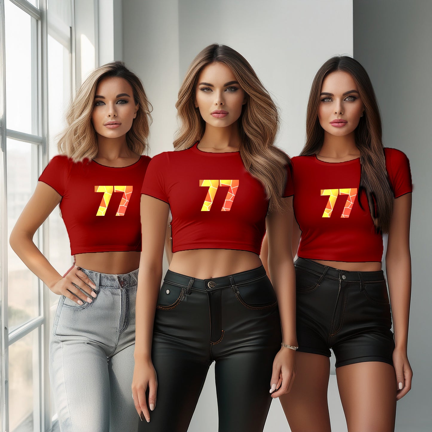 77 Number Women Crop Top (Red)