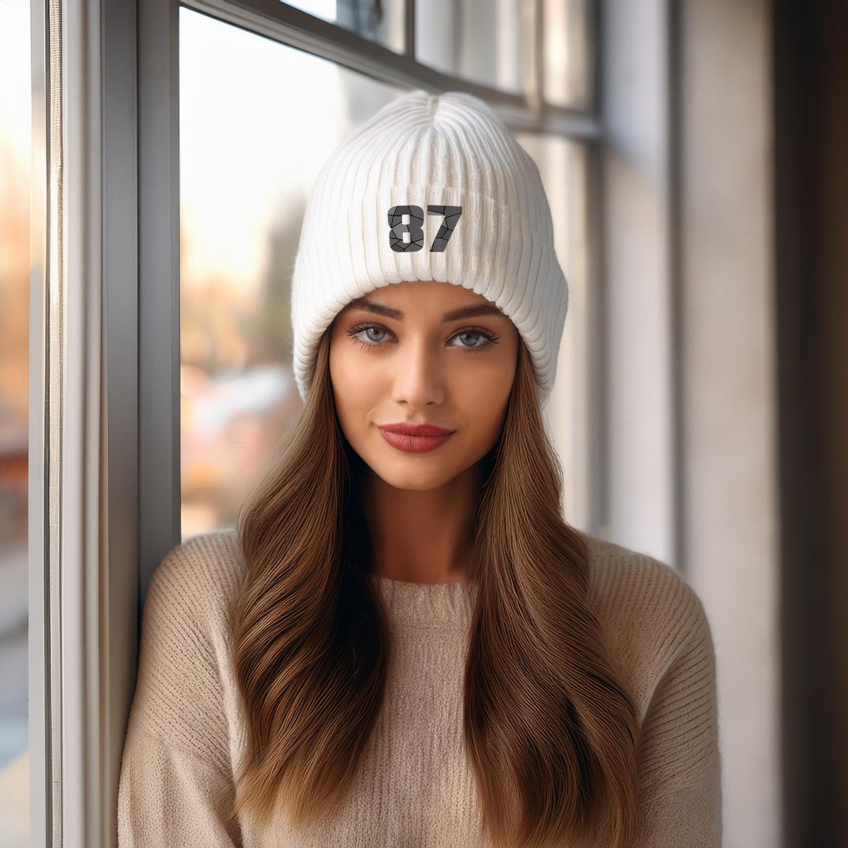 Beanies Plus 87 Number Embroidered Cuffed Beanie Hat | Unisex Winter Knit Cap (White)
