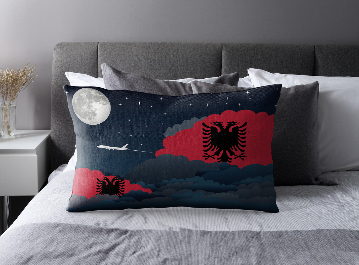Albania World Airplane Night Clouds Square & Rectangle Pillow Cases | Aviation Night Sky Pillow Covers