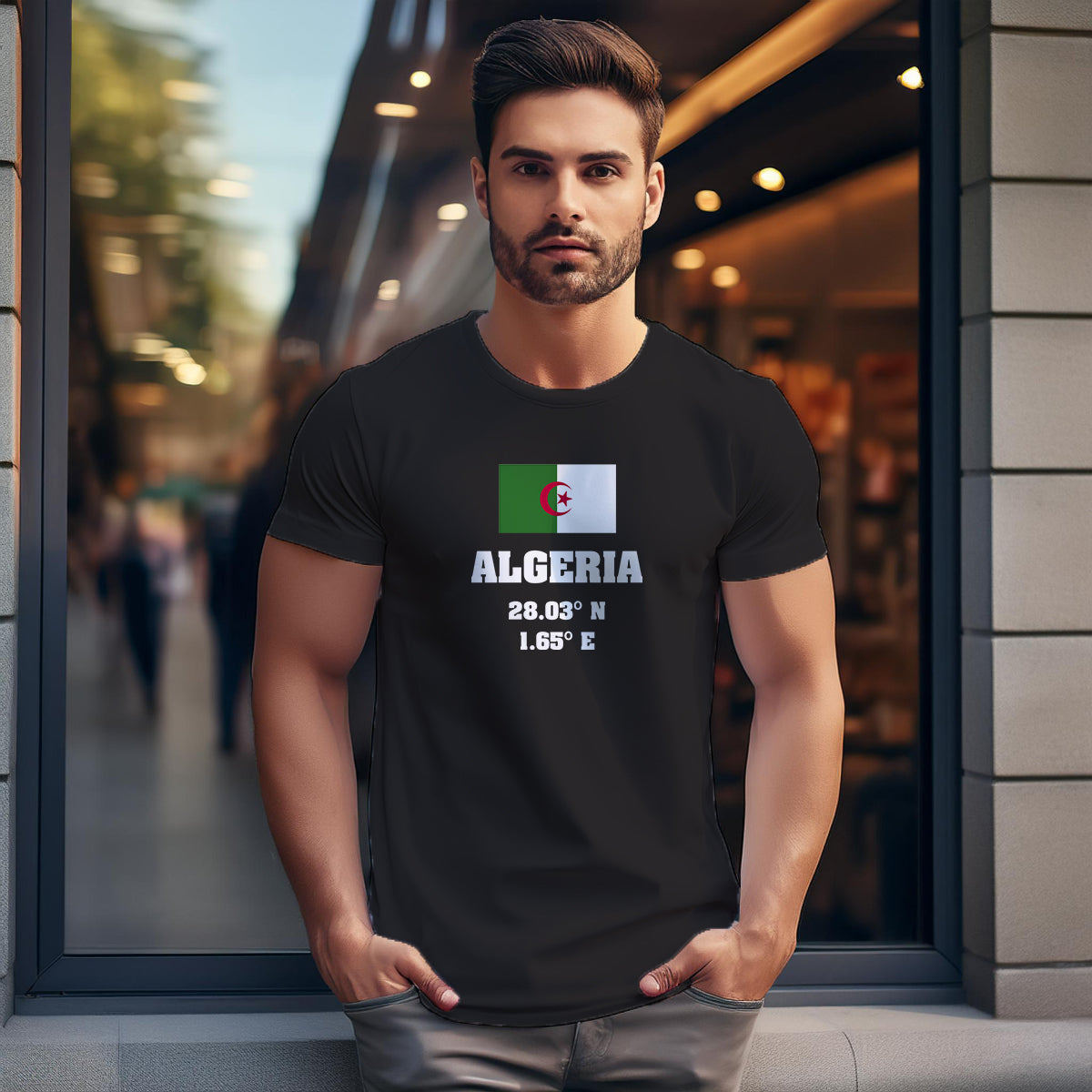 Algeria Latitude Longitude (Black) Men Unisex T-Shirt | Latitude & Longitude Graphic