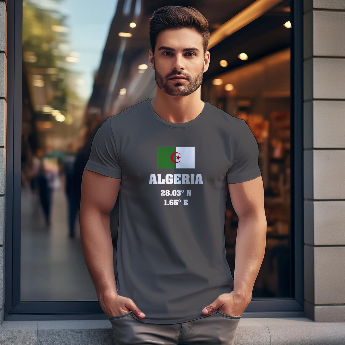 Algeria Latitude Longitude (Charcoal Grey) Men Unisex T-Shirt | Latitude & Longitude Graphic