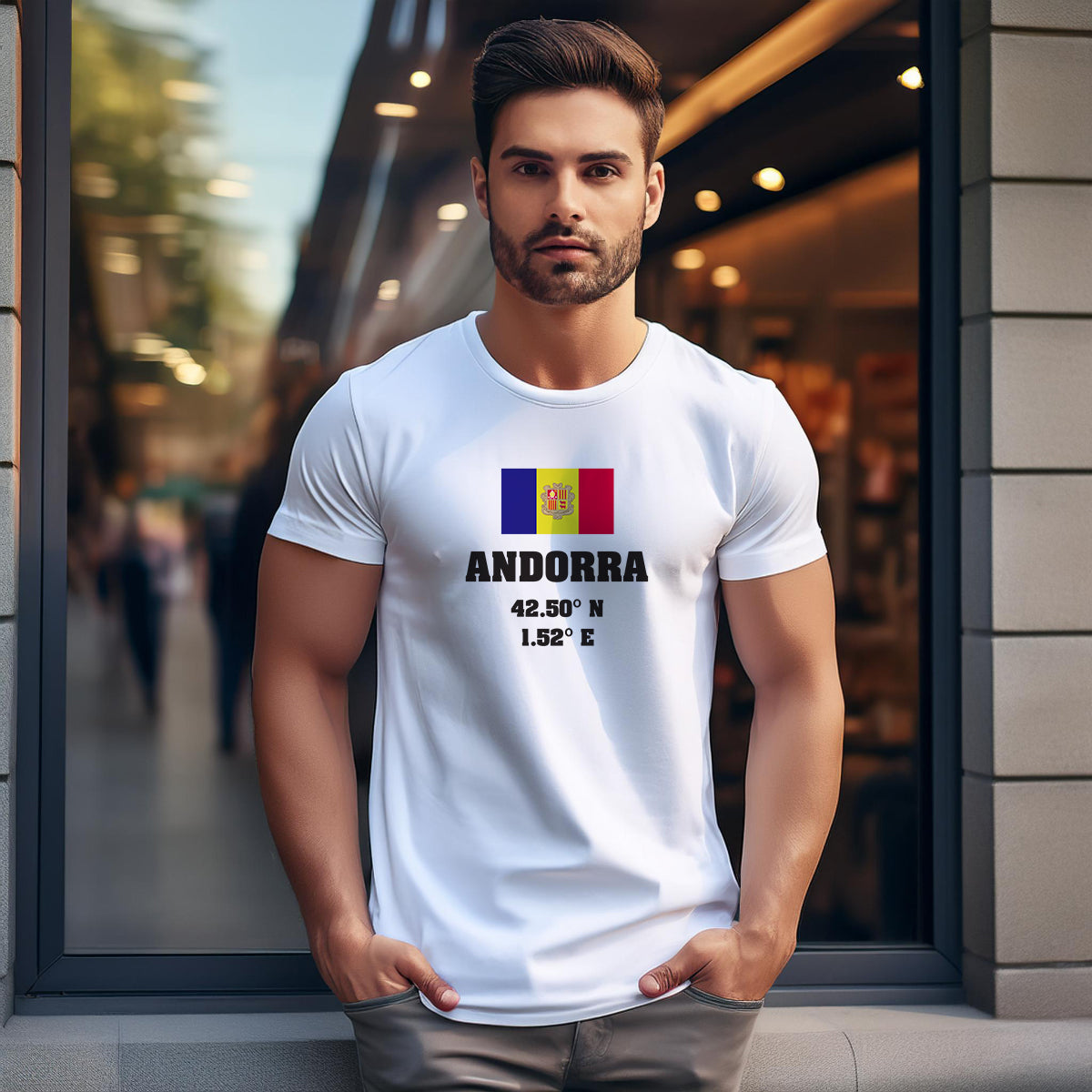 Andorra Latitude Longitude (White) Men Unisex T-Shirt | Latitude & Longitude Graphic