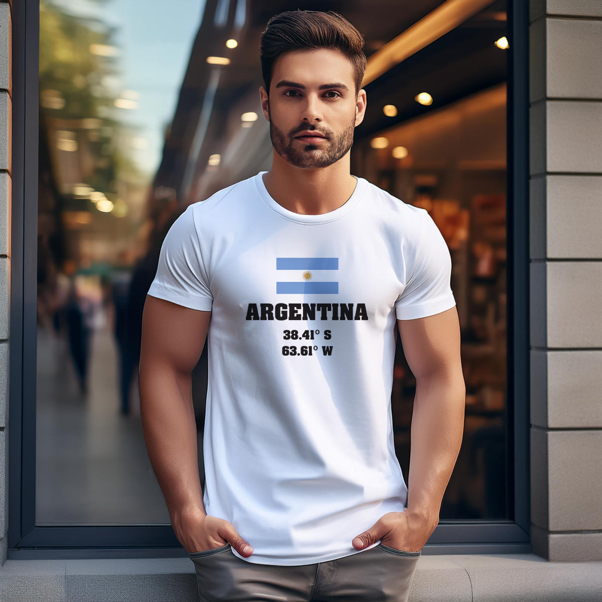 Argentina Latitude Longitude (White) Men Unisex T-Shirt | Latitude & Longitude Graphic