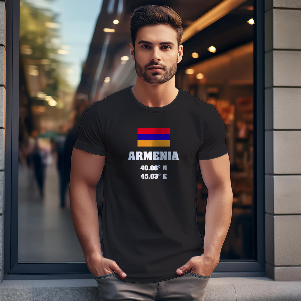 Armenia Latitude Longitude (Black) Men Unisex T-Shirt | Latitude & Longitude Graphic