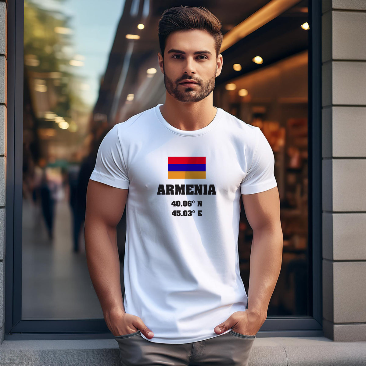 Armenia Latitude Longitude (White) Men Unisex T-Shirt | Latitude & Longitude Graphic