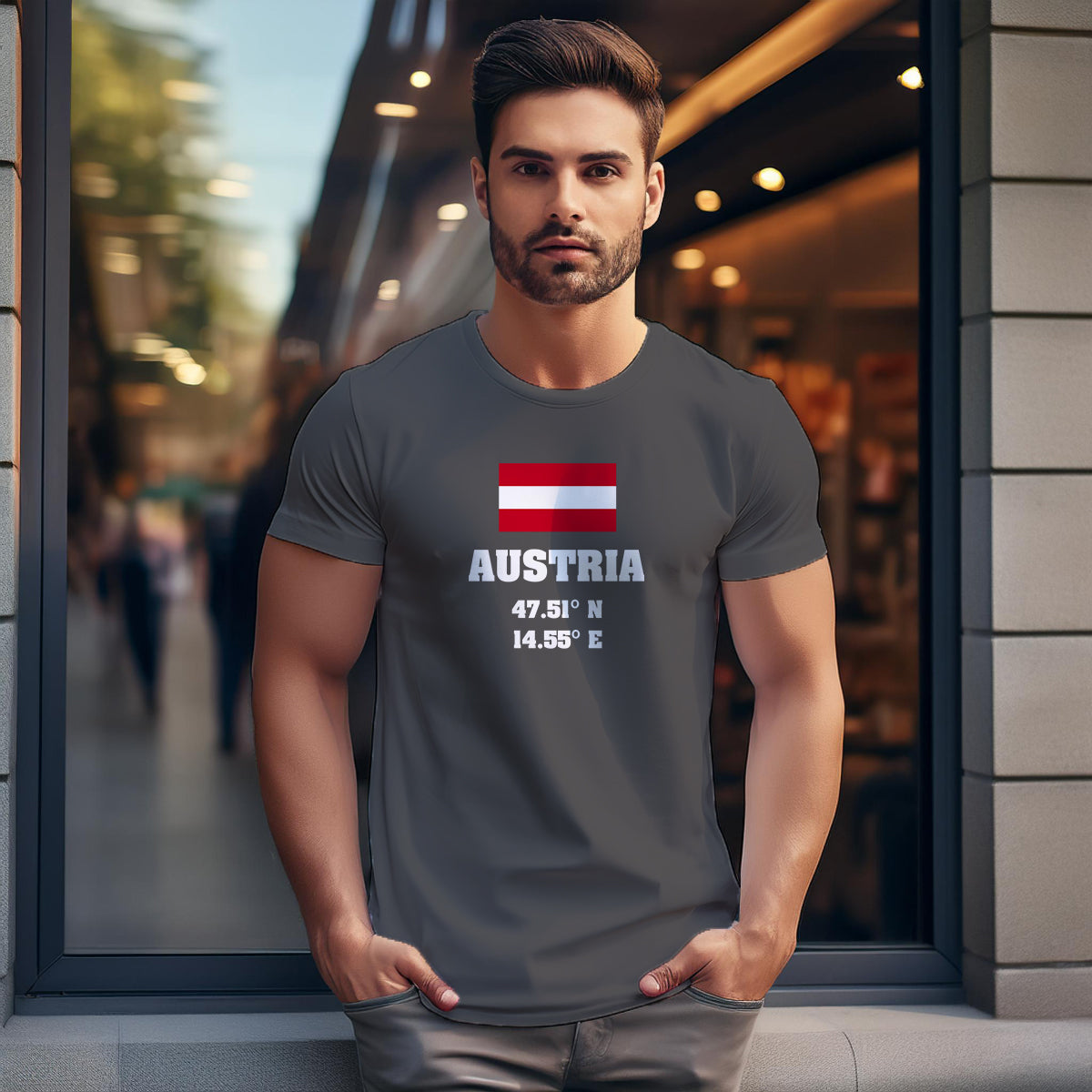 Austria Latitude Longitude (Charcoal Grey) Men Unisex T-Shirt | Latitude & Longitude Graphic