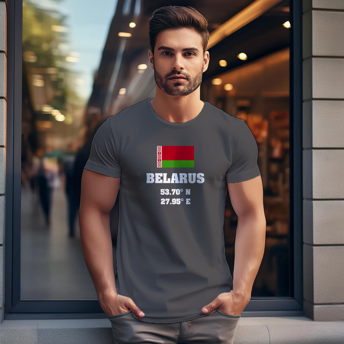 Belarus Latitude Longitude (Charcoal Grey) Men Unisex T-Shirt | Latitude & Longitude Graphic