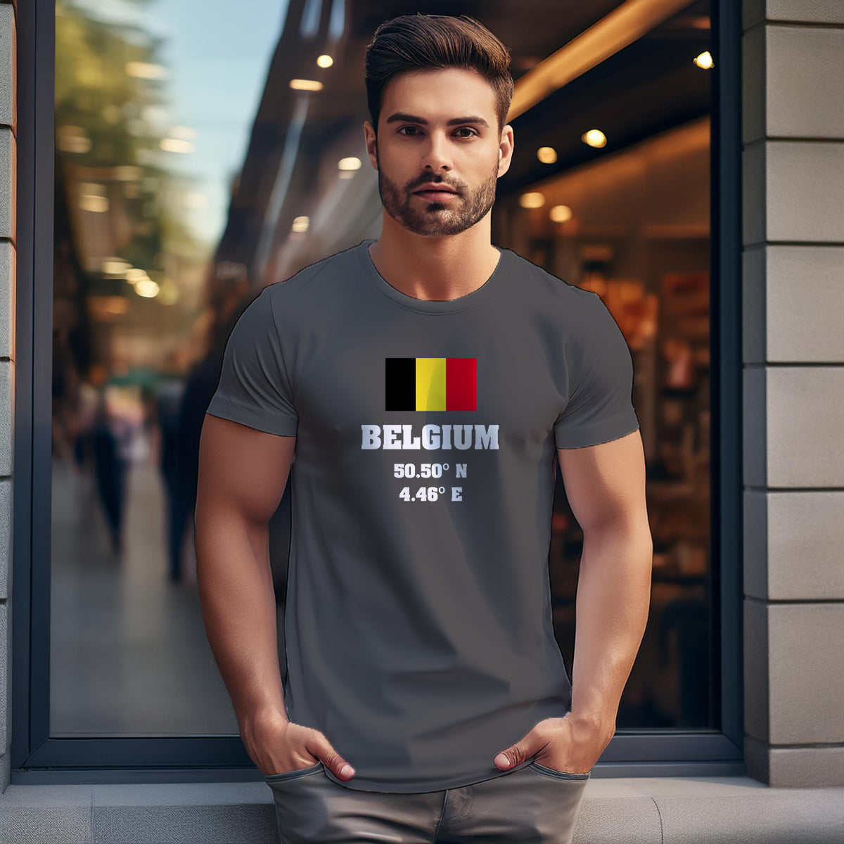 Belgium Latitude Longitude (Charcoal Grey) Men Unisex T-Shirt | Latitude & Longitude Graphic