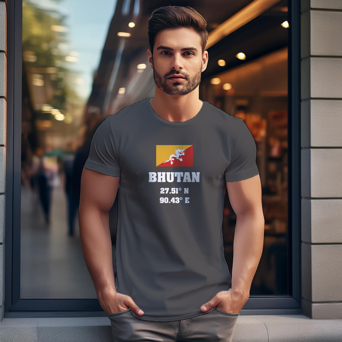 Bhutan Latitude Longitude (Charcoal Grey) Men Unisex T-Shirt | Latitude & Longitude Graphic