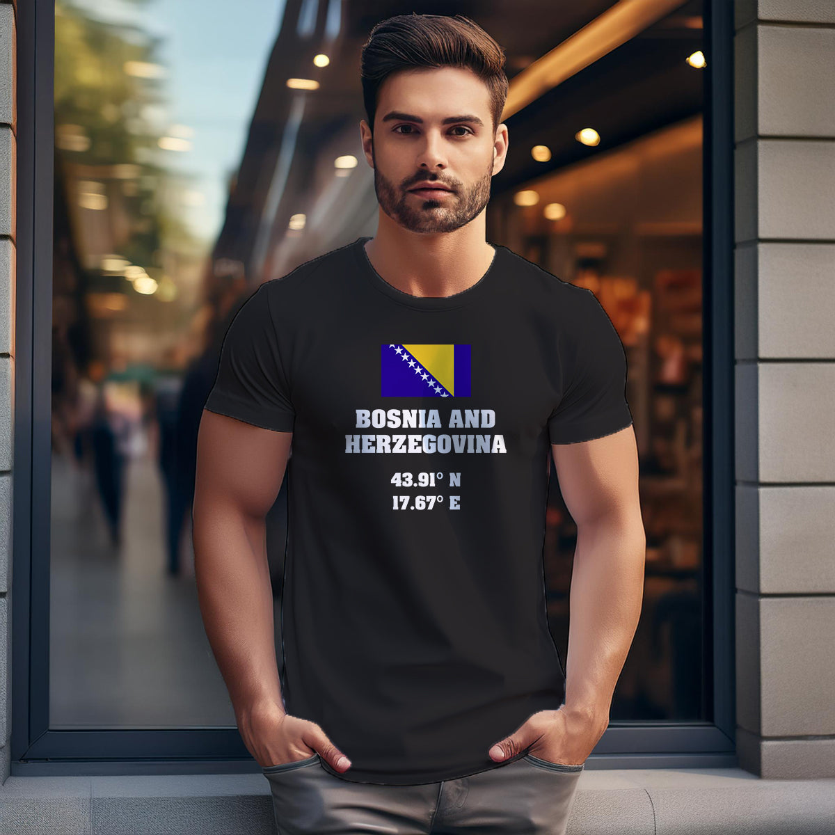 Bosnia and Herzegovina Latitude Longitude (Black) Men Unisex T-Shirt | Latitude & Longitude Graphic