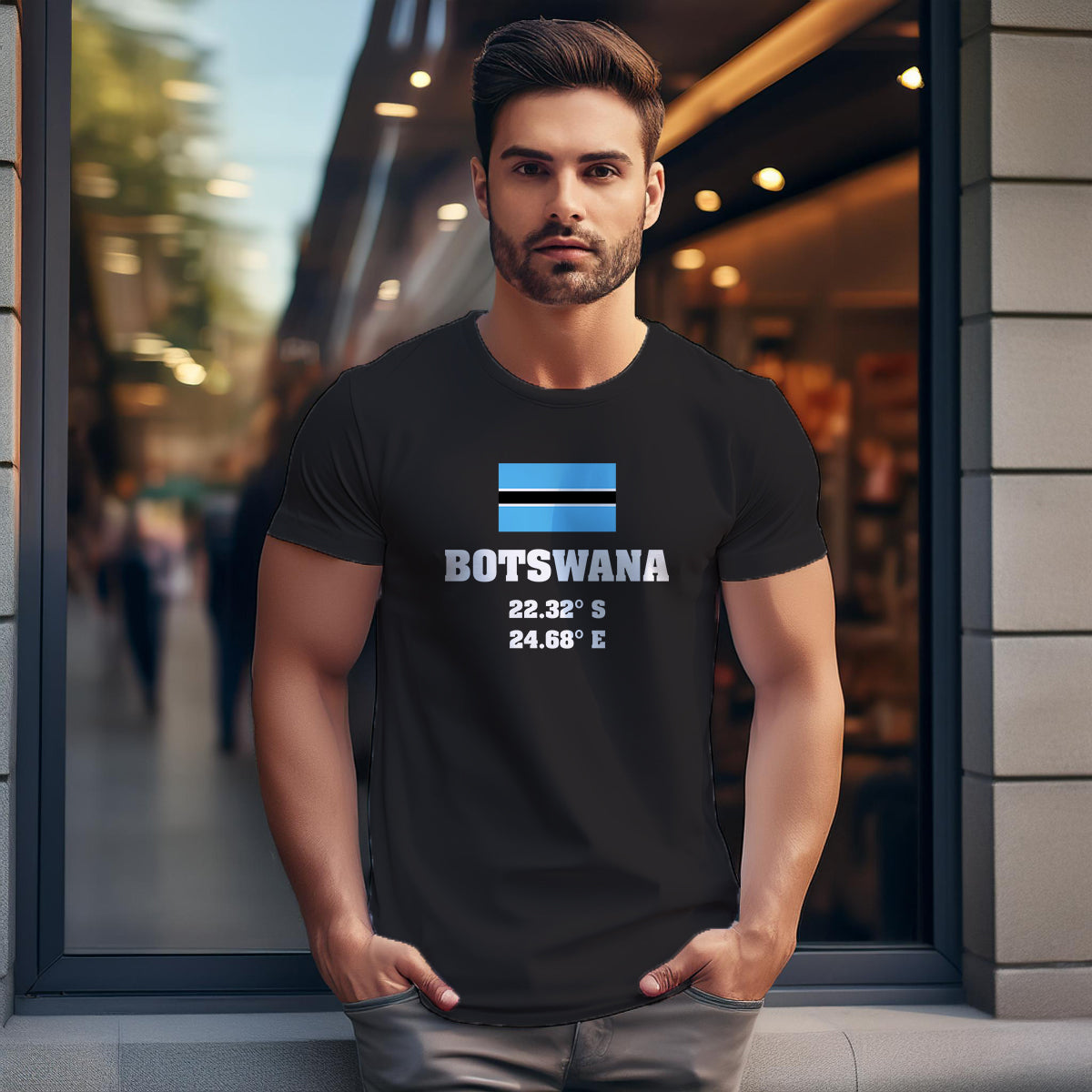 Botswana Latitude Longitude (Black) Men Unisex T-Shirt | Latitude & Longitude Graphic