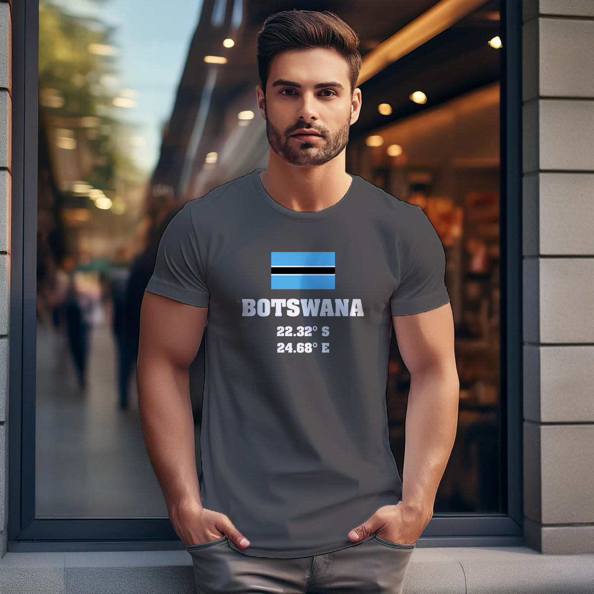 Botswana Latitude Longitude (Charcoal Grey) Men Unisex T-Shirt | Latitude & Longitude Graphic