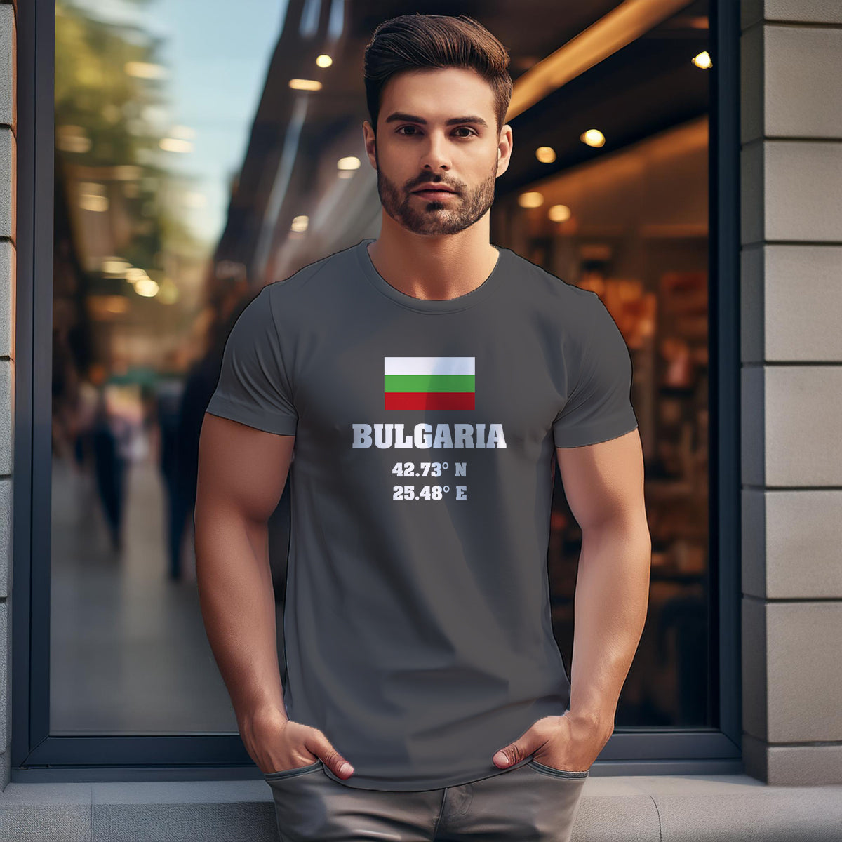 Bulgaria Latitude Longitude (Charcoal Grey) Men Unisex T-Shirt | Latitude & Longitude Graphic