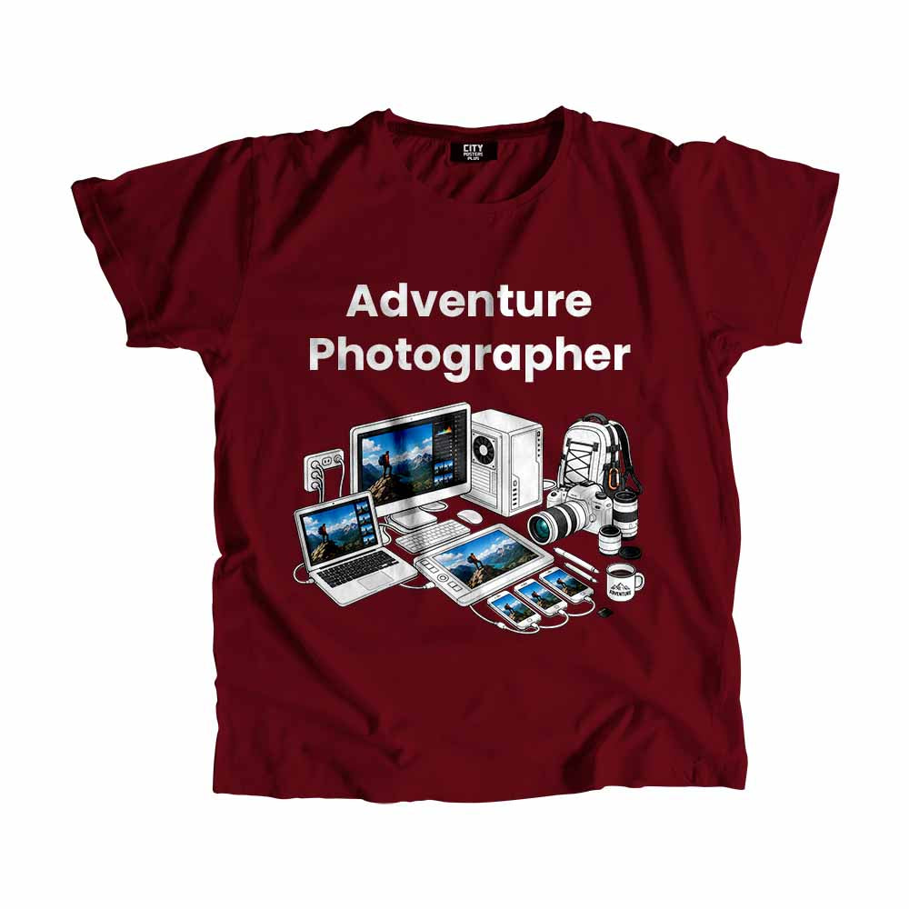 Adventure Photographer Men Unisex T-Shirt (Maroon) Technology Unisex T-Shirt | City Posters Plus
