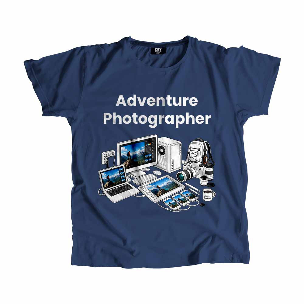Adventure Photographer Men Unisex T-Shirt (Navy Blue) Technology Unisex T-Shirt | City Posters Plus
