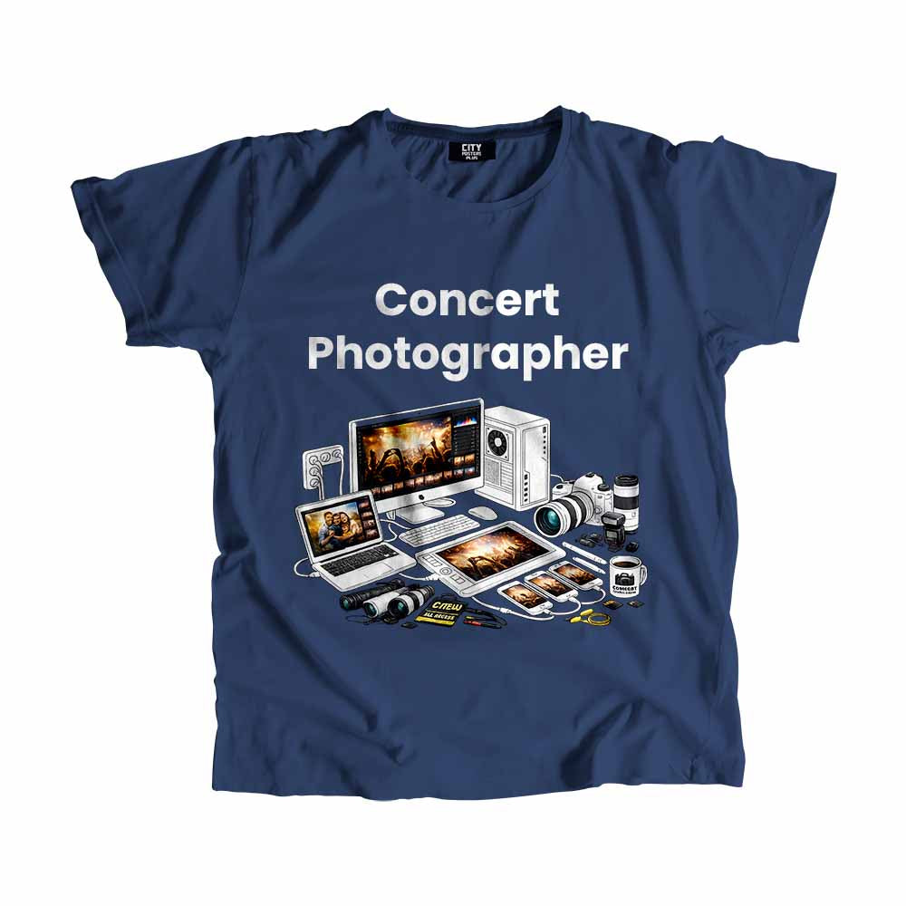 Concert Photographer Men Unisex T-Shirt (Navy Blue) Technology Unisex T-Shirt | City Posters Plus