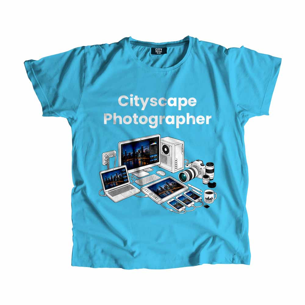 Cityscape Photographer Men Unisex T-Shirt (Sky Blue) Technology Unisex T-Shirt | City Posters Plus