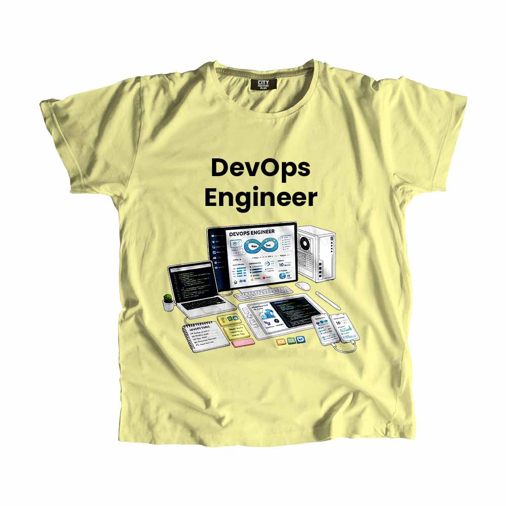 DevOps Engineer Men Unisex T-Shirt (Butter Yellow) Technology Unisex T-Shirt | City Posters Plus