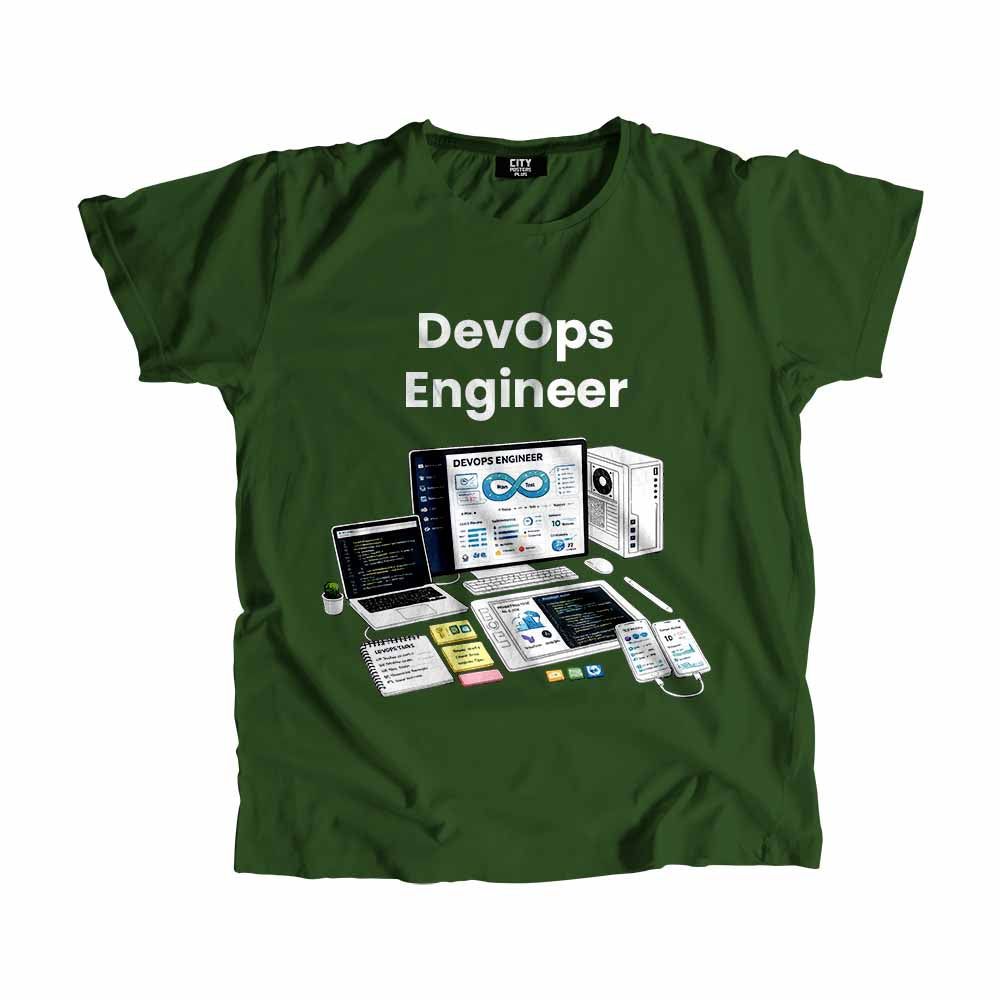 DevOps Engineer Men Unisex T-Shirt (Olive Green) Technology Unisex T-Shirt | City Posters Plus