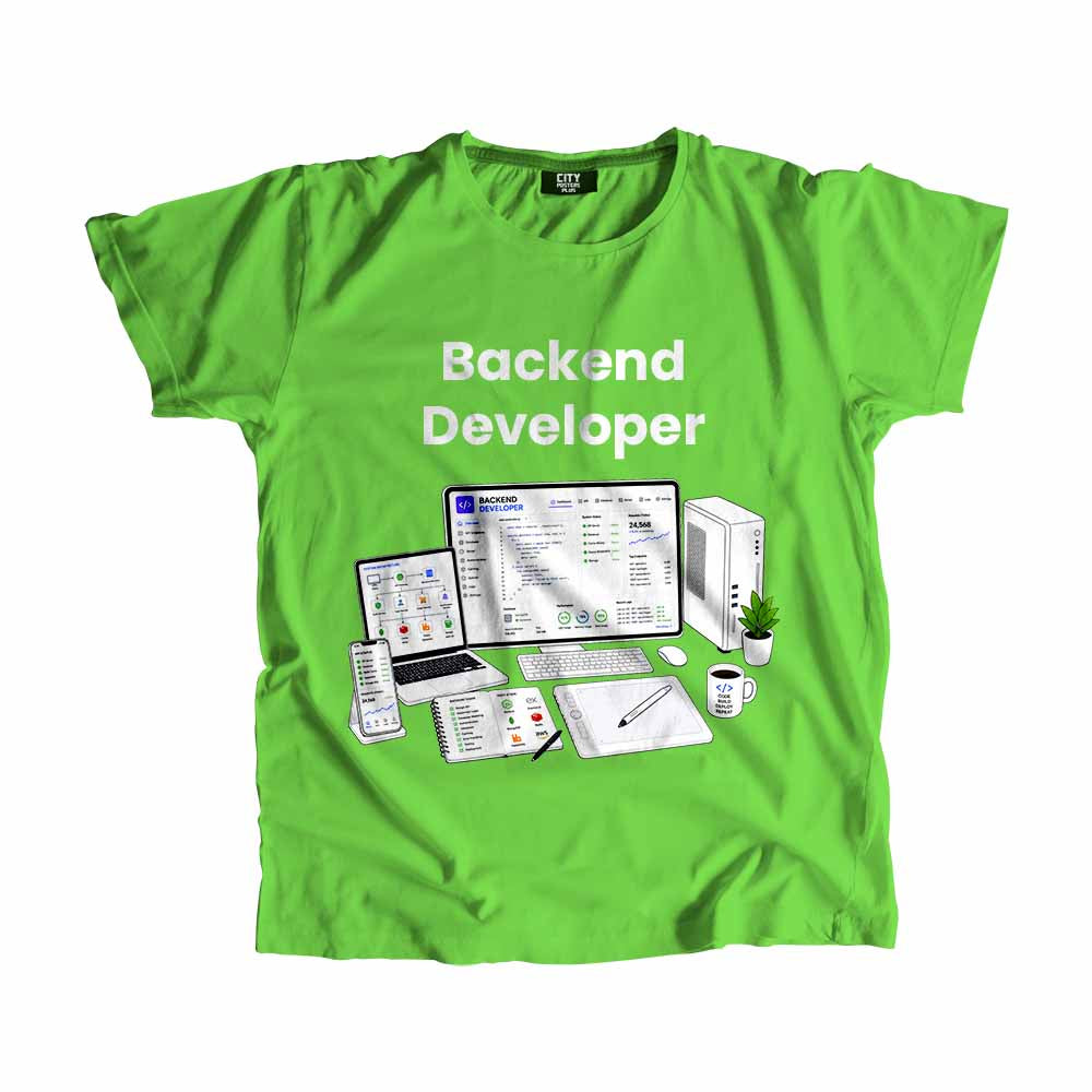 Backend Developer Men Unisex T-Shirt (Liril Green) Technology Unisex T-Shirt | City Posters Plus