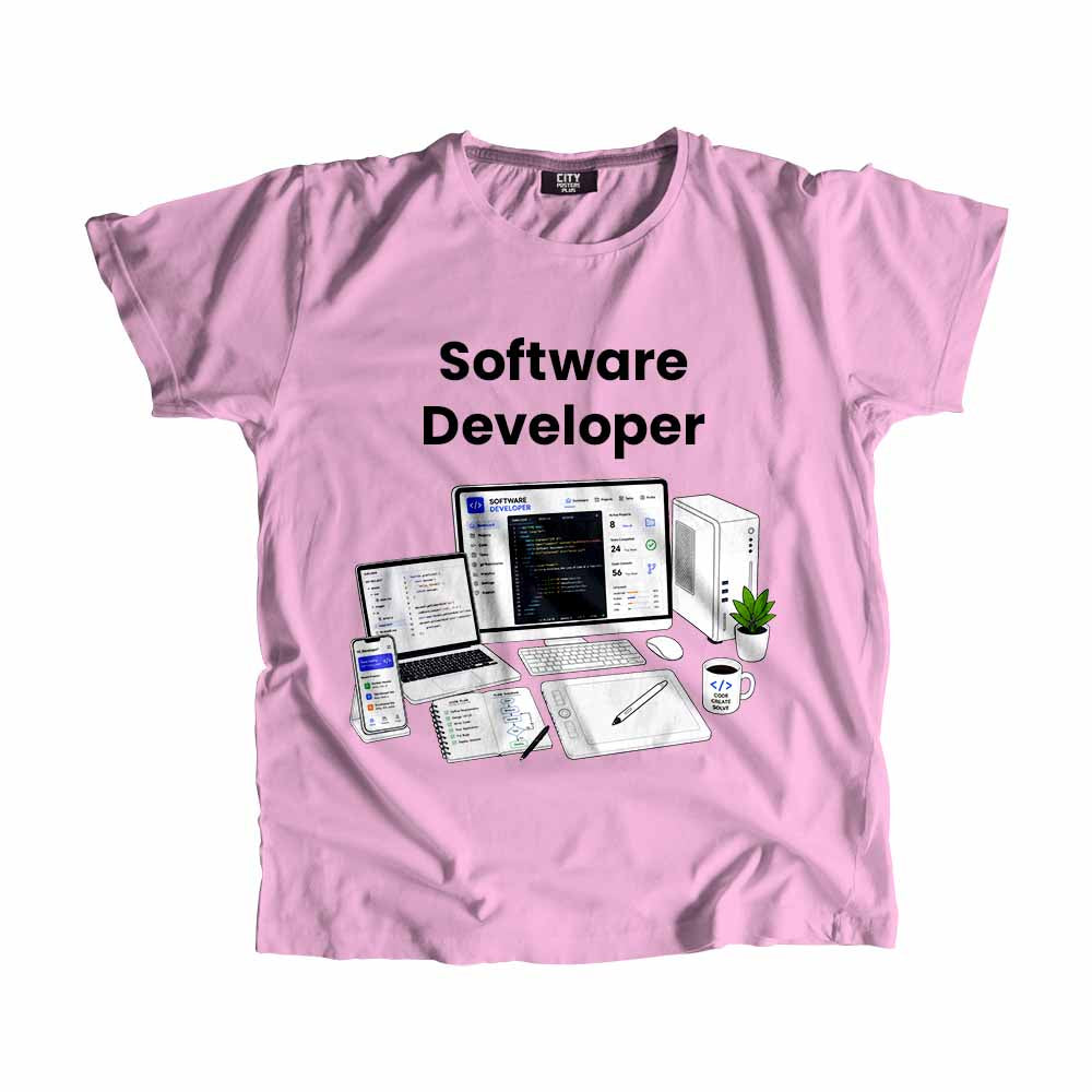 Software Developer Men Unisex T-Shirt (Light Pink) Technology Unisex T-Shirt | City Posters Plus