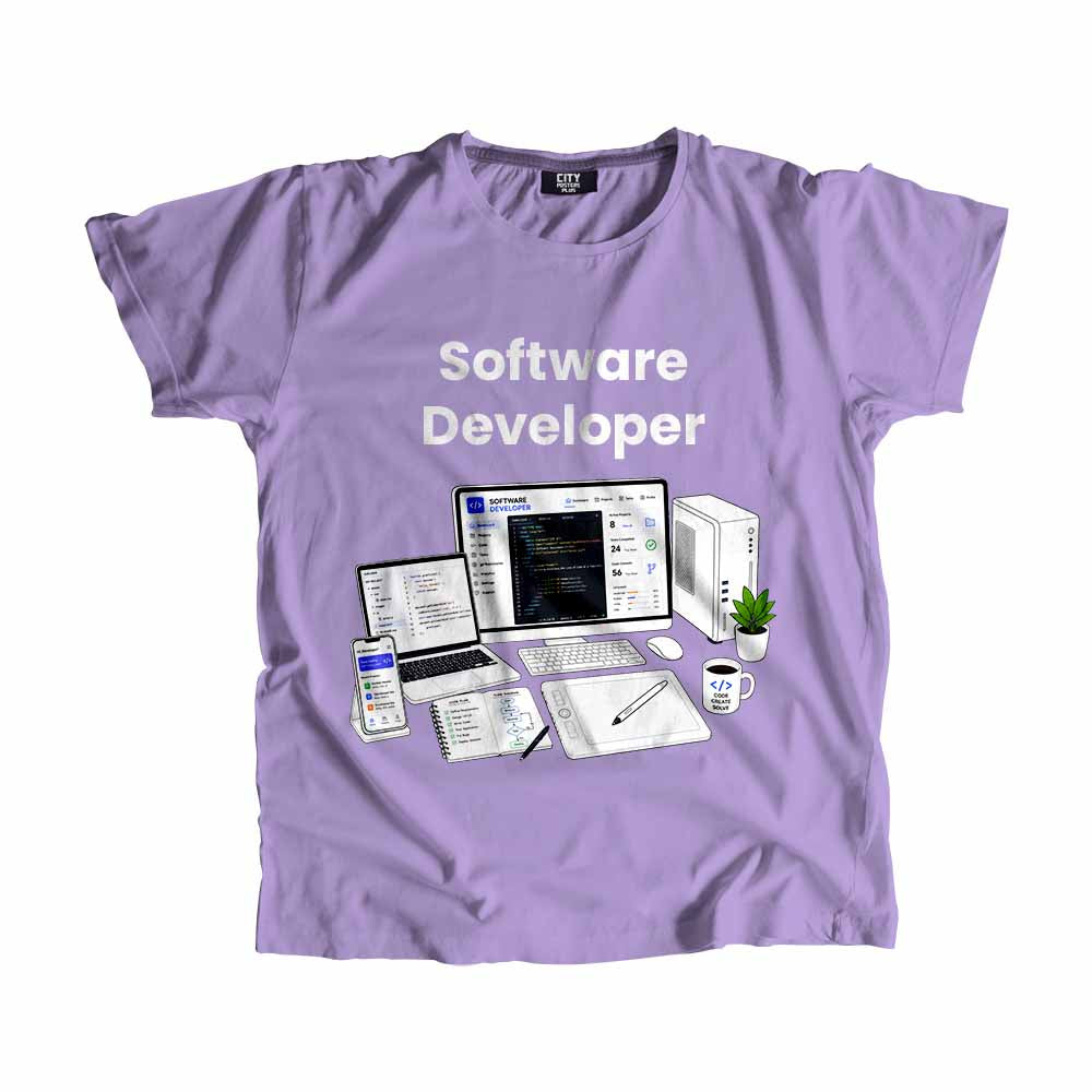 Software Developer Men Unisex T-Shirt (Iris Lavender) Technology Unisex T-Shirt | City Posters Plus