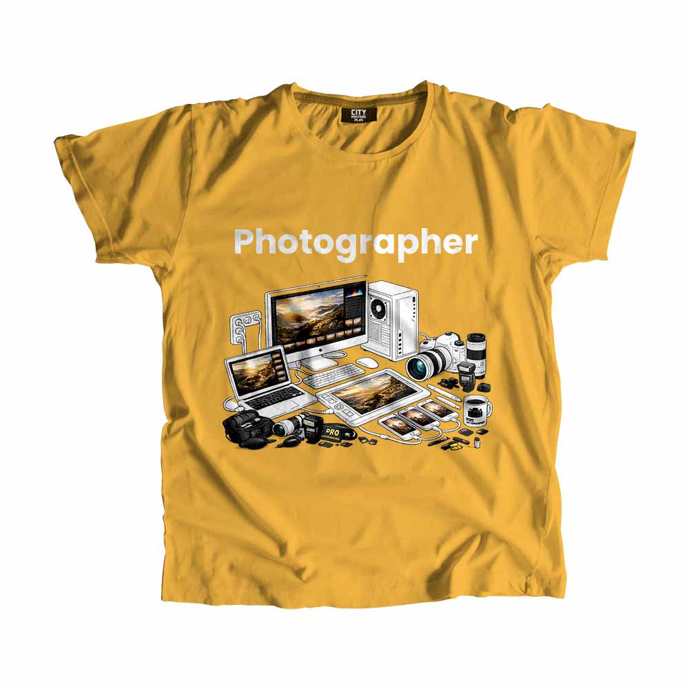 Photographer Men Unisex T-Shirt (Golden Yellow) Technology Unisex T-Shirt | City Posters Plus