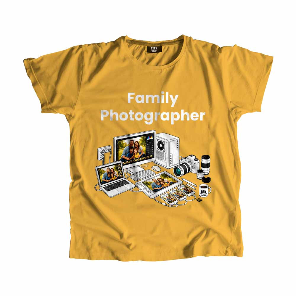 Family Photographer Men Unisex T-Shirt (Golden Yellow) Technology Unisex T-Shirt | City Posters Plus