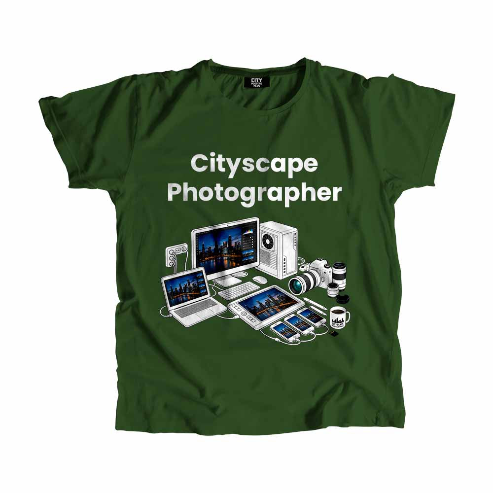 Cityscape Photographer Men Unisex T-Shirt (Olive Green) Technology Unisex T-Shirt | City Posters Plus