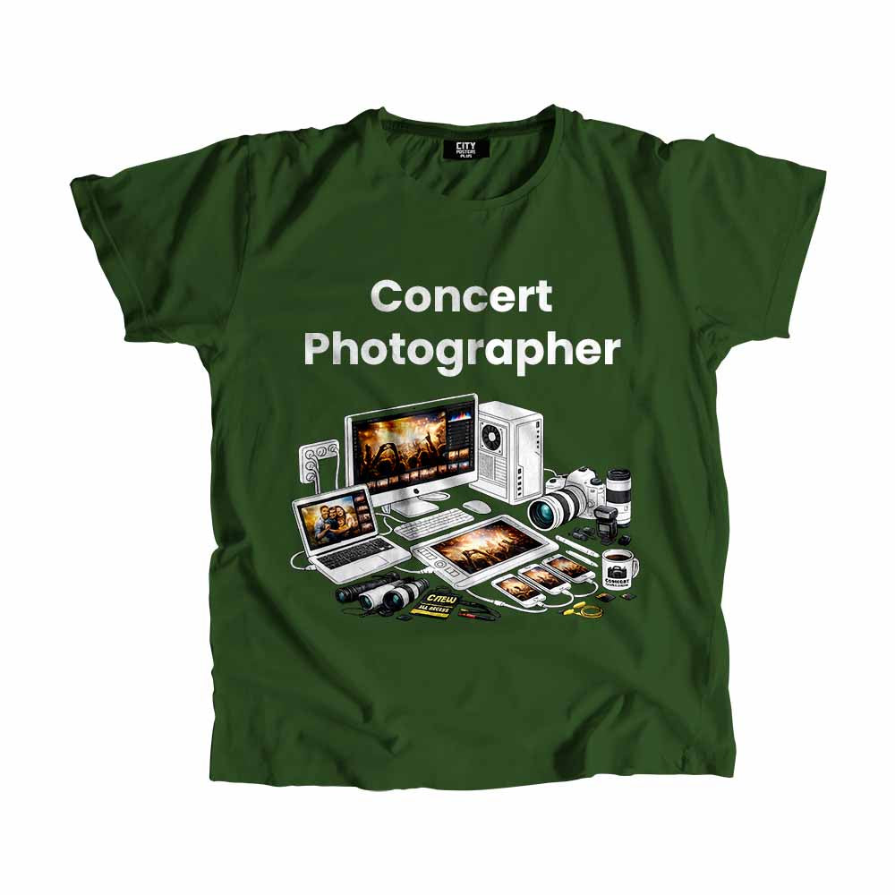 Concert Photographer Men Unisex T-Shirt (Olive Green) Technology Unisex T-Shirt | City Posters Plus