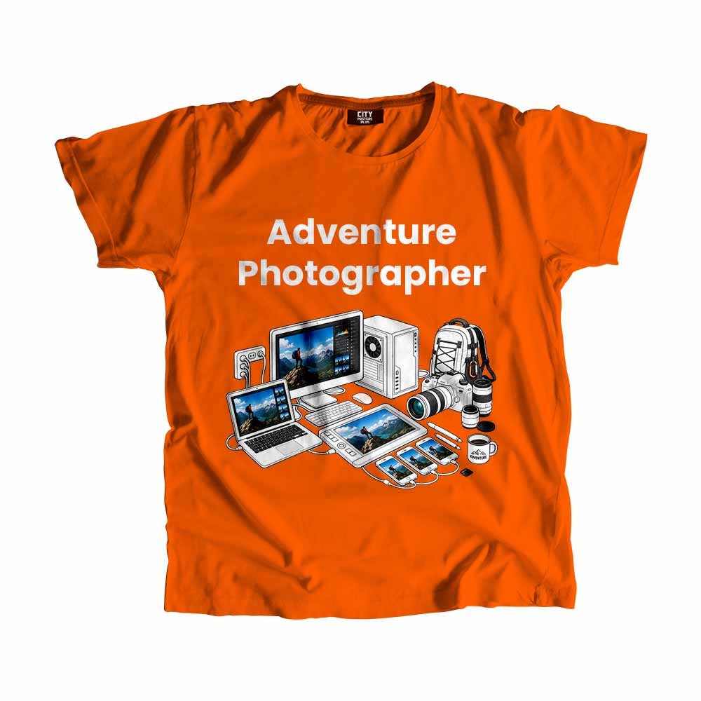 Adventure Photographer Men Unisex T-Shirt (Orange) Technology Unisex T-Shirt | City Posters Plus