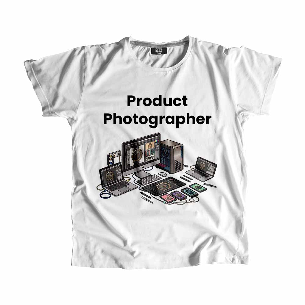 Product Photographer Men Unisex T-Shirt (White) Technology Unisex T-Shirt | City Posters Plus