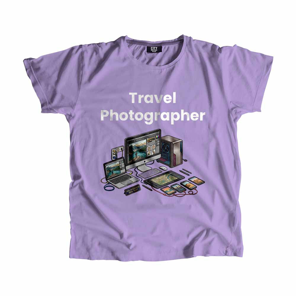 Travel Photographer Men Unisex T-Shirt (Iris Lavender) Technology Unisex T-Shirt | City Posters Plus
