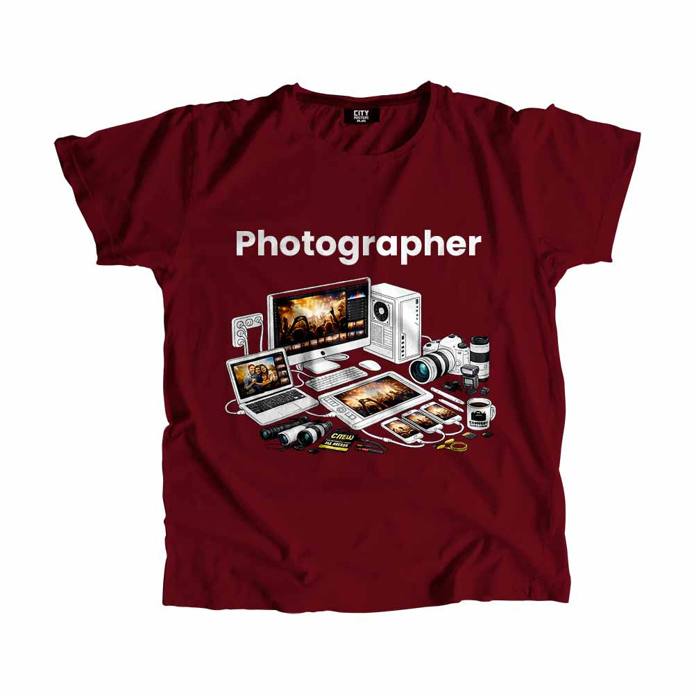 Photographer Men Unisex T-Shirt (Maroon) Technology Unisex T-Shirt | City Posters Plus
