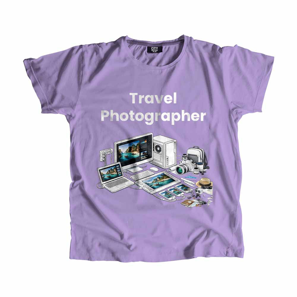 Travel Photographer Men Unisex T-Shirt (Iris Lavender) Technology Unisex T-Shirt | City Posters Plus