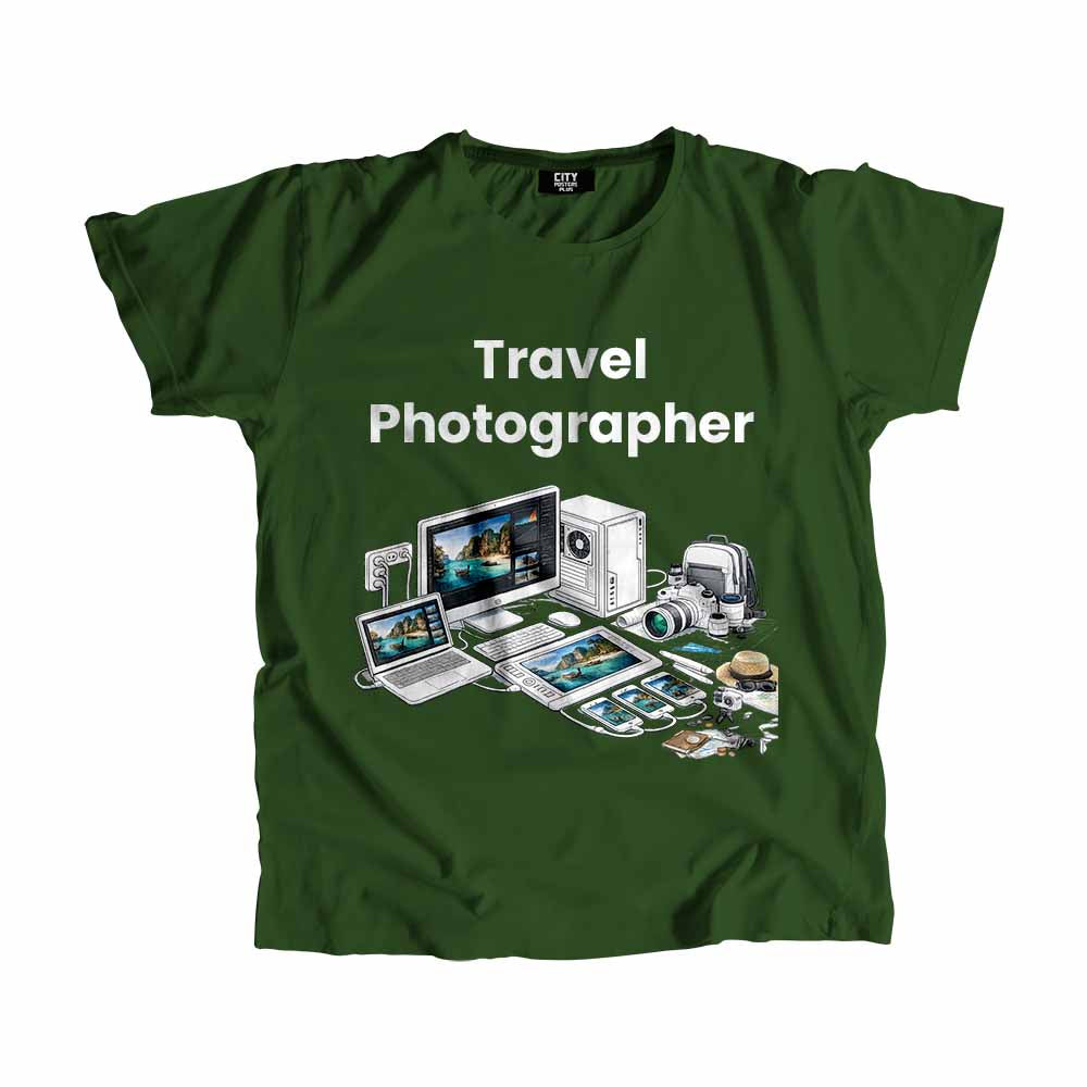 Travel Photographer Men Unisex T-Shirt (Olive Green) Technology Unisex T-Shirt | City Posters Plus