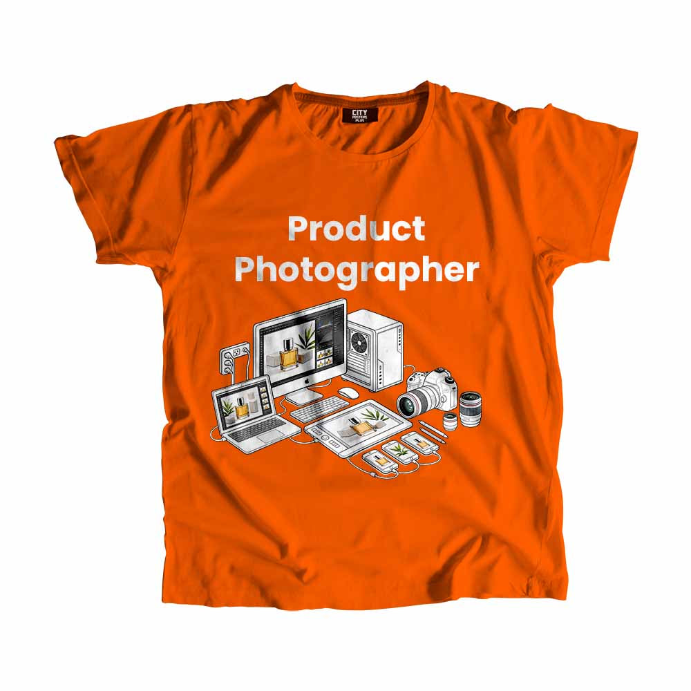 Product Photographer Men Unisex T-Shirt (Orange) Technology Unisex T-Shirt | City Posters Plus