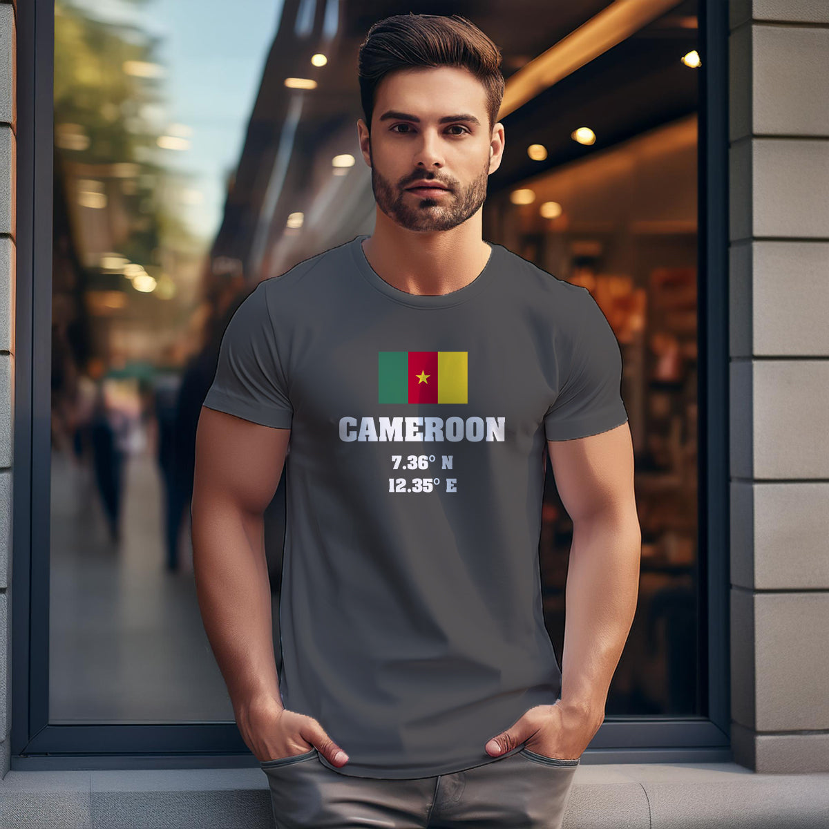 Cameroon Latitude Longitude (Charcoal Grey) Men Unisex T-Shirt | Latitude & Longitude Graphic