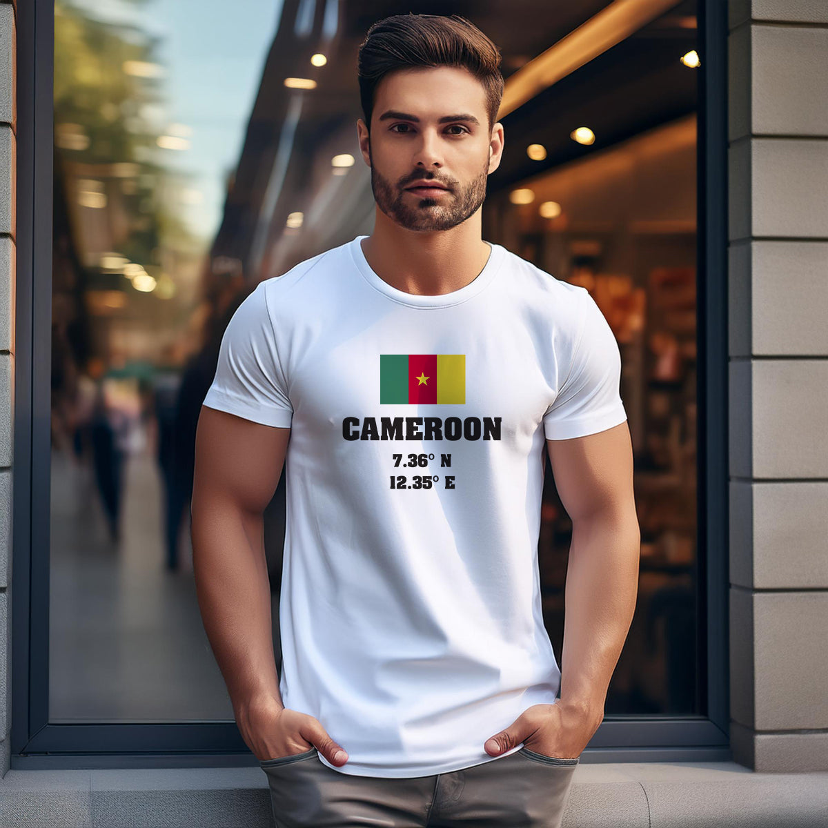 Cameroon Latitude Longitude (White) Men Unisex T-Shirt | Latitude & Longitude Graphic