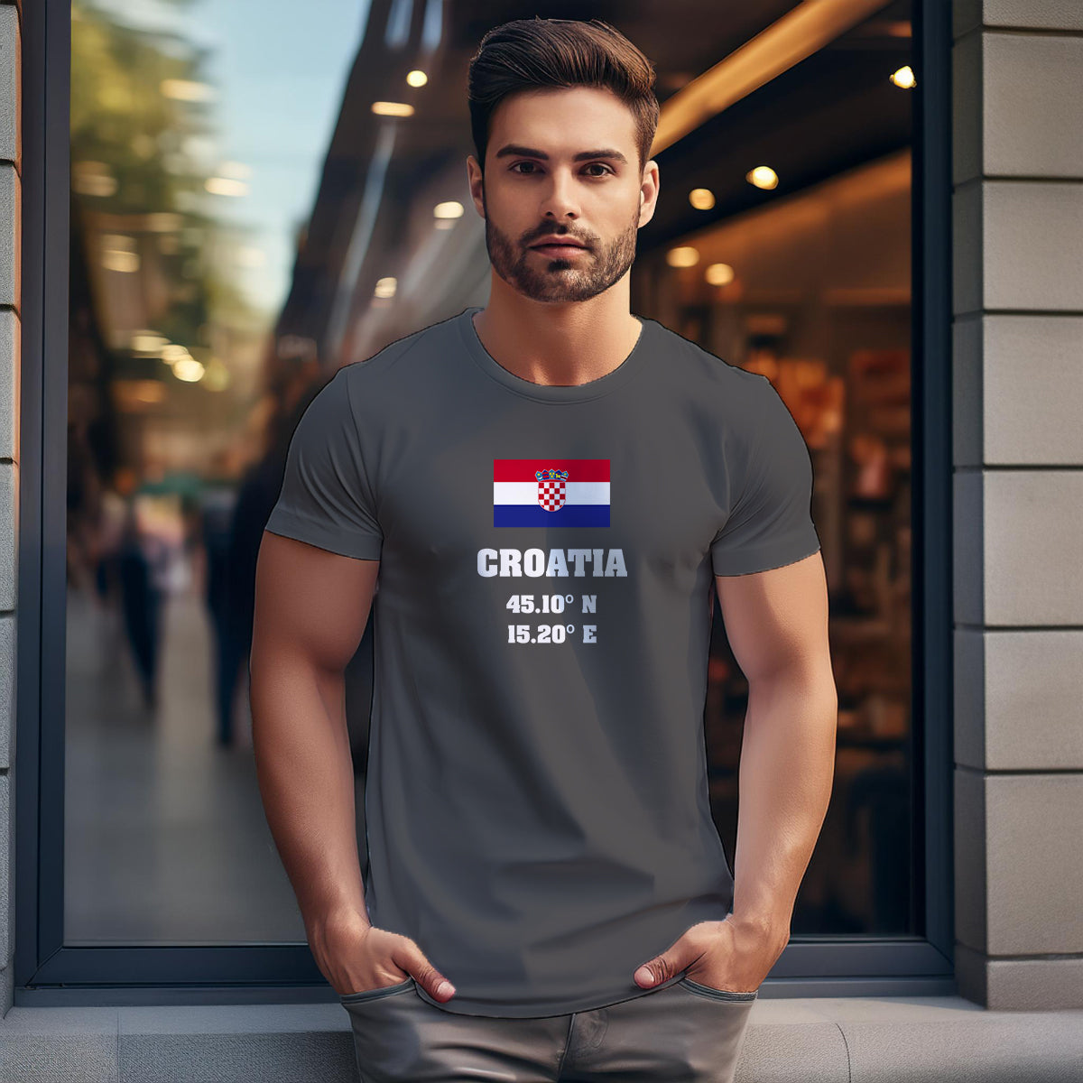 Croatia Latitude Longitude (Charcoal Grey) Men Unisex T-Shirt | Latitude & Longitude Graphic