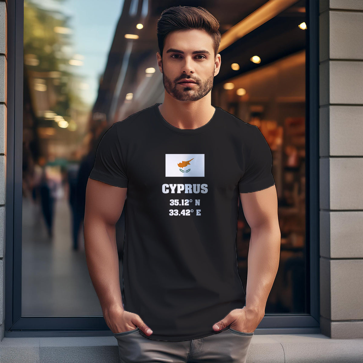 Cyprus Latitude Longitude (Black) Men Unisex T-Shirt | Latitude & Longitude Graphic