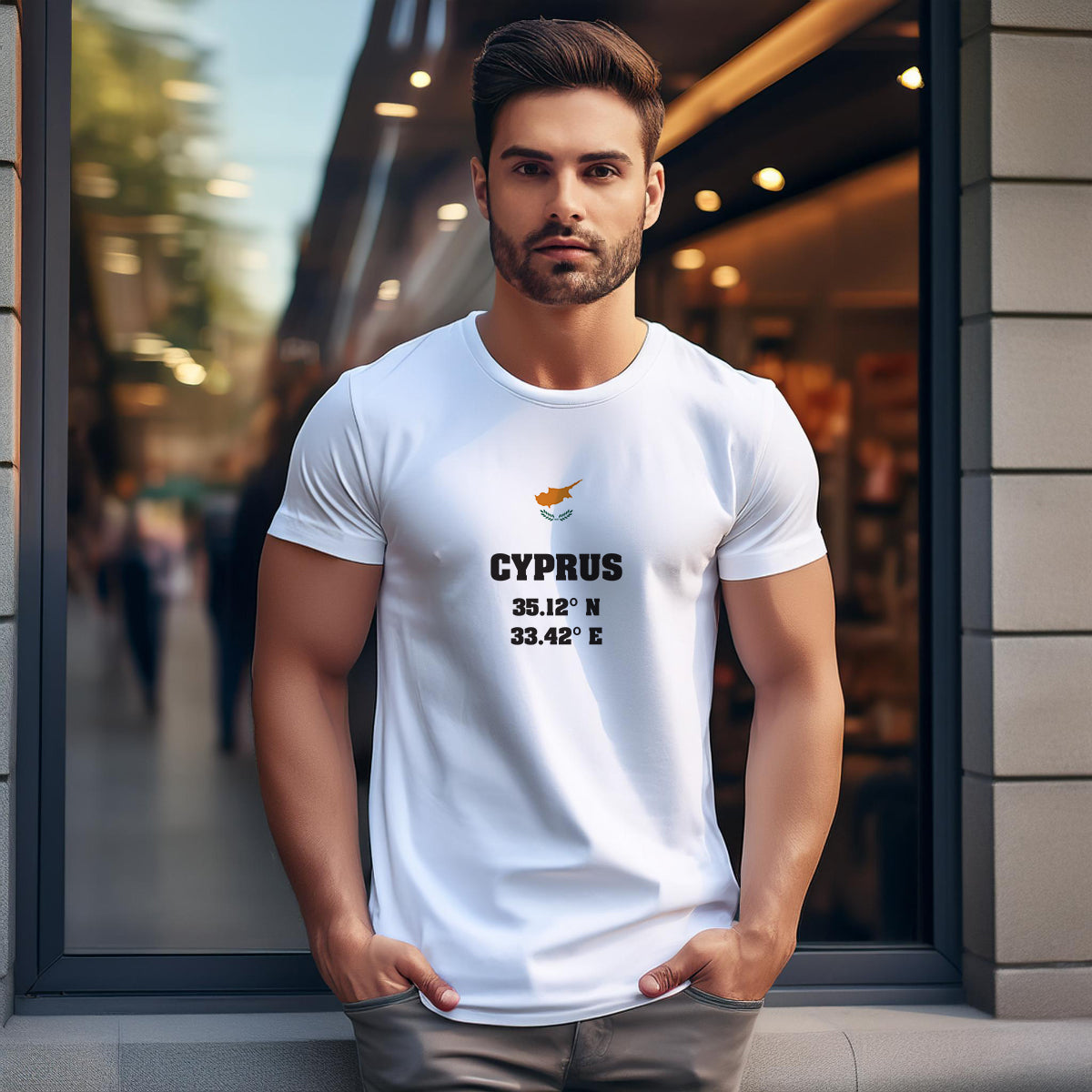 Cyprus Latitude Longitude (White) Men Unisex T-Shirt | Latitude & Longitude Graphic