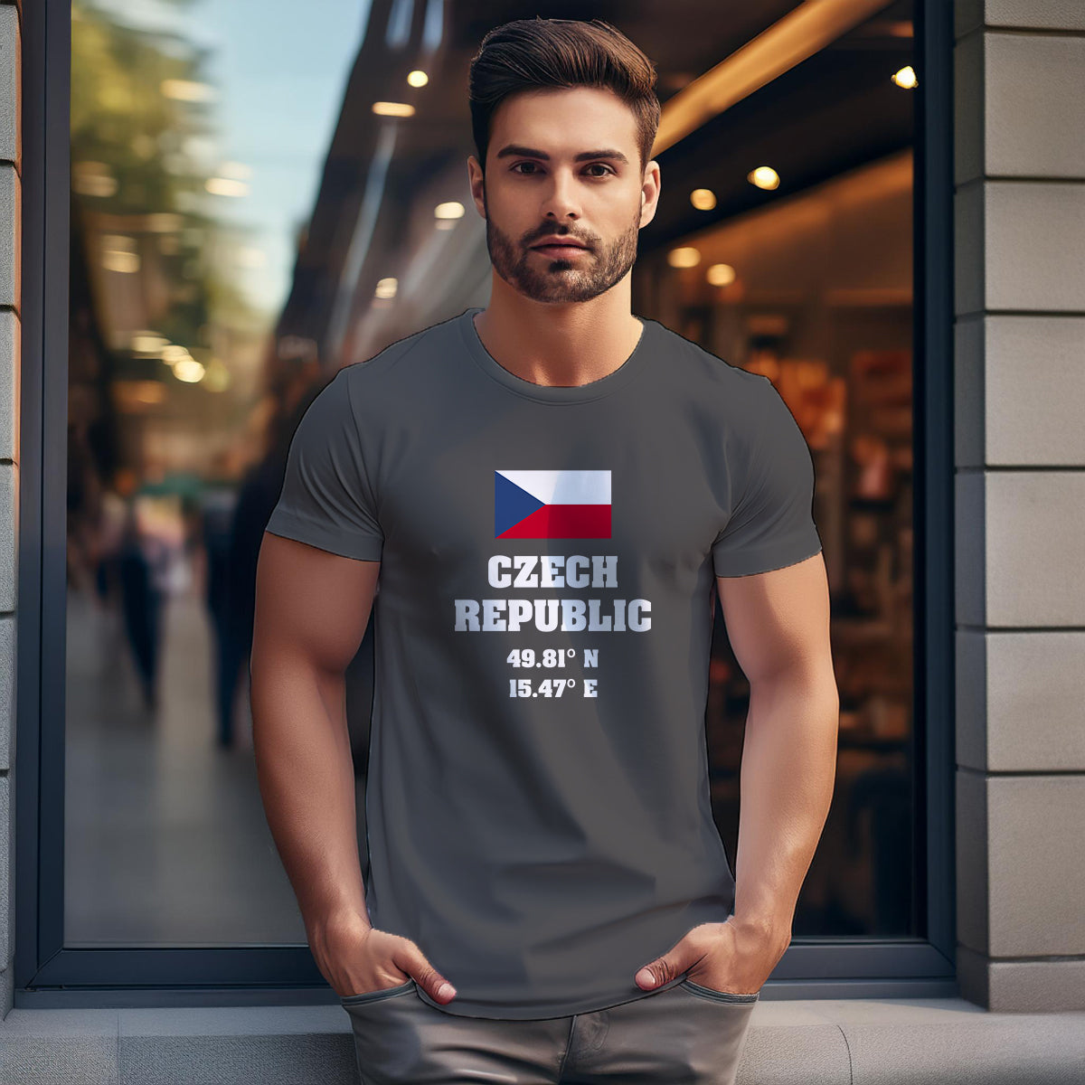 Czech Republic Latitude Longitude (Charcoal Grey) Men Unisex T-Shirt | Latitude & Longitude Graphic